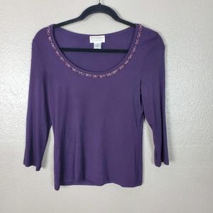 Talbots Collection Purple 3/4 Sleeve Bead Embellished Scoop Neckline Top S